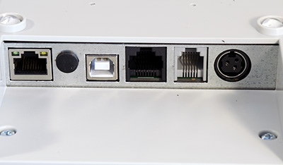 Порты АТОЛ 55Ф чуть ближе: LAN, заглушка для антенны GSM, USB-B, COM, RJ-11, порт питания